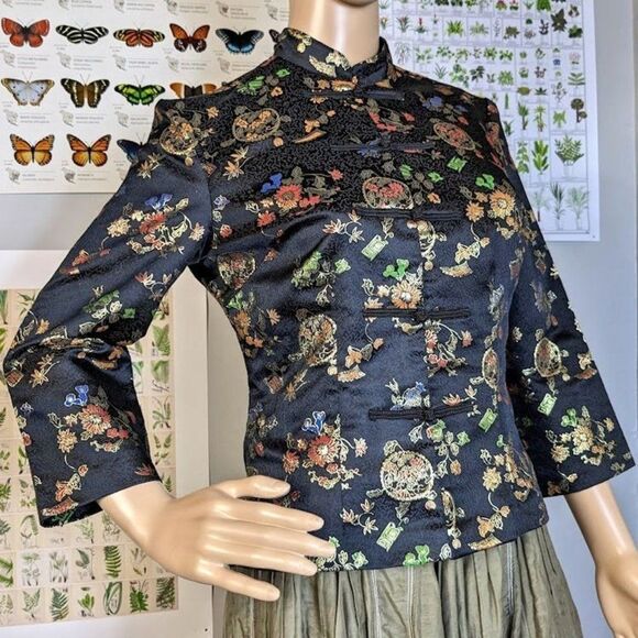Vintage Frederick's of Hollywood Cheongsam Jacket Floral Brocade Metallic 6 - Picture 8 of 12